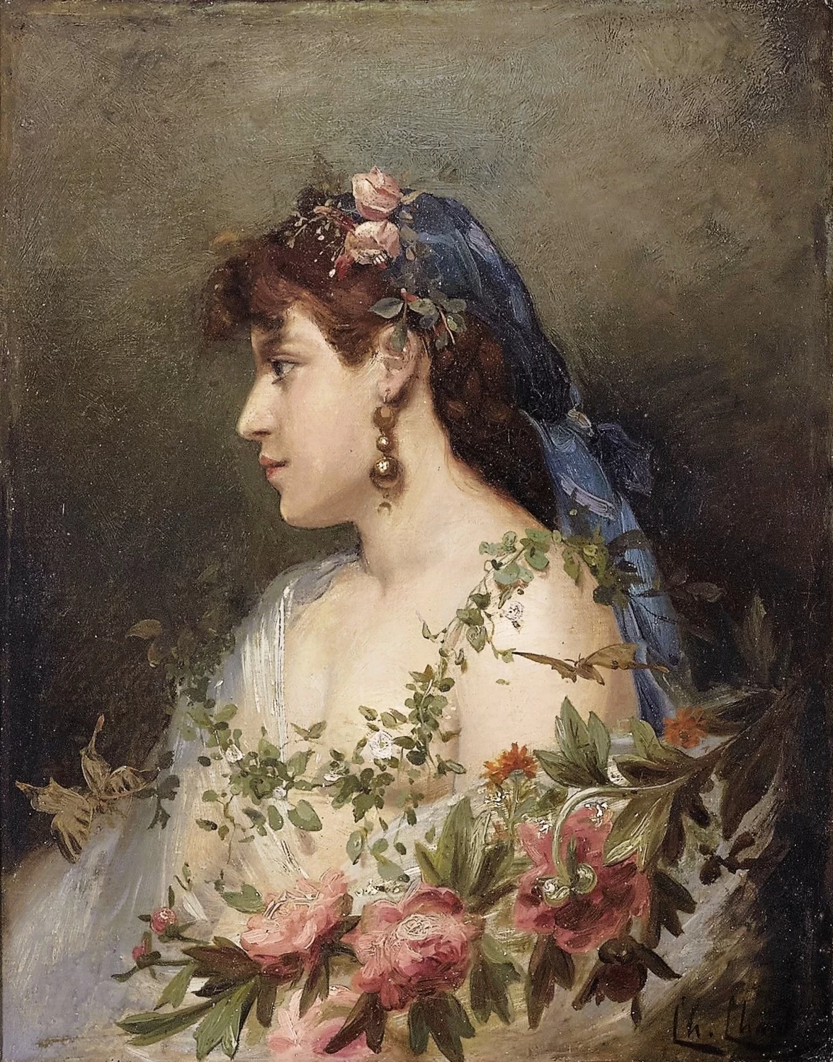 Charles Joshua Chaplin - Una bellezza avvolta in ghirlande di fiori con farfalle